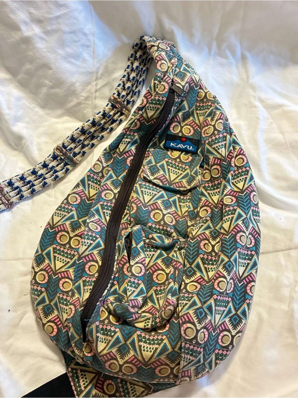 Kavu Teal Multicolor Geometric Rope Sling Bag